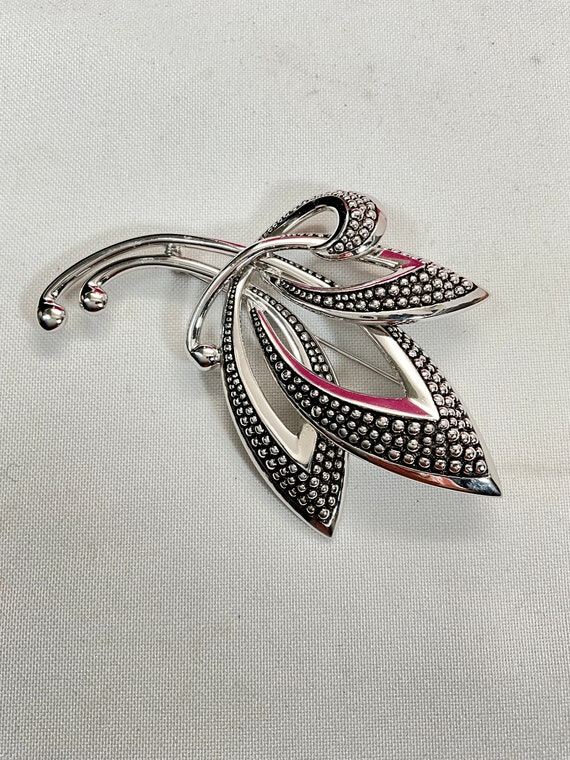 BOUCHER Rhodium Beaded Abstract LEAVES BROOCH
