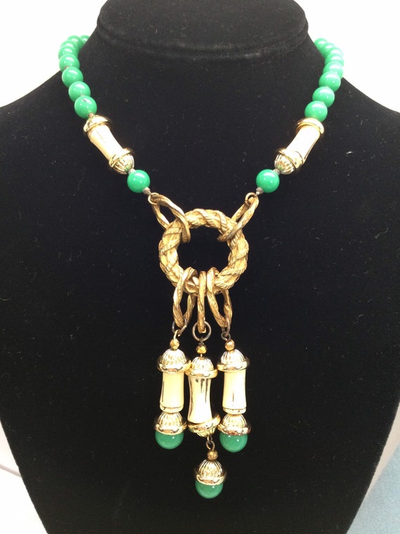 MIRIAM HASKELL Faux Jade and Faux Bamboo Beaded N… - image 1