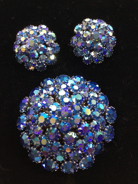 Unsigned AB BLUE High Domed Brooch and Earrings
