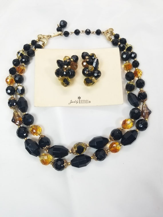 TRIFARI BLACK and GIVRE Crystals Necklace and Earr