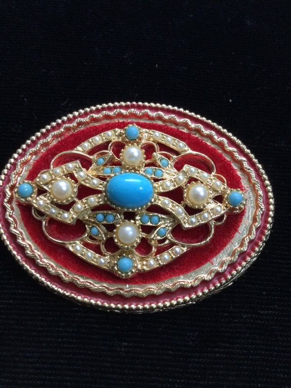 ART BLUE Cabochons and Pearls on Red Velvet Brooch