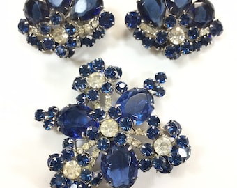 D&E JULIANA Sapphire and DIAMANTE Flower Sprays Brooch and Earrings