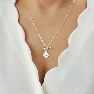 Sterling Silver Compass Paperclip Necklace, Toggle Clasp Necklace, on Paperclip Chain, Graduate Daughter Present, Traveler Sister Gift AD294