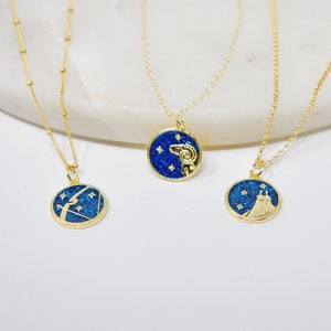 Zodiac Sign Necklace, Gold Horoscope Necklace, Sparkle Blue Medallion ...