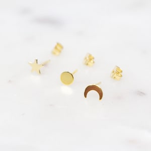Celestial Stud Earrings: Gold Sun, Moon, Star - Dainty Cosmic Jewelry