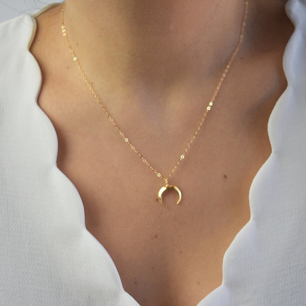 Crescent Moon Necklace, Upside Down Moon Necklace, Boho Horn Necklace, Dainty Gold Celestial Jewelry, Daughter Necklace, Niece Gift,   AD053