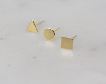 Geometric Studs, Minimalist Earrings, Gold Disc Studs, Tiny Square Studs, Dainty Triangle Stud Earrings Daughter Gift, Big Sister Gift AD216