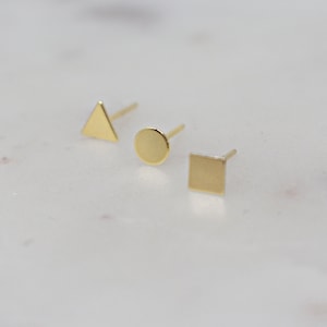 Gold Filled Geometric Stud Earrings: Minimalist Circle, Triangle, Square