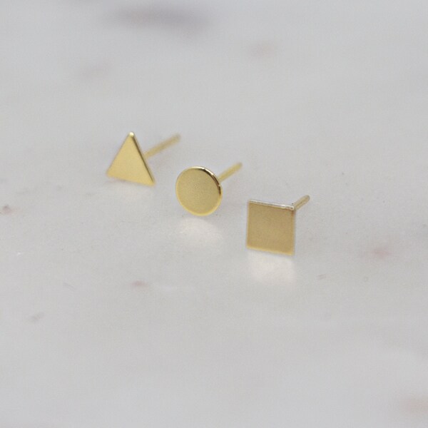 Geometric Studs, Minimalist Earrings, Gold Disc Studs, Tiny Square Studs, Dainty Triangle Stud Earrings Daughter Gift, Big Sister Gift AD216