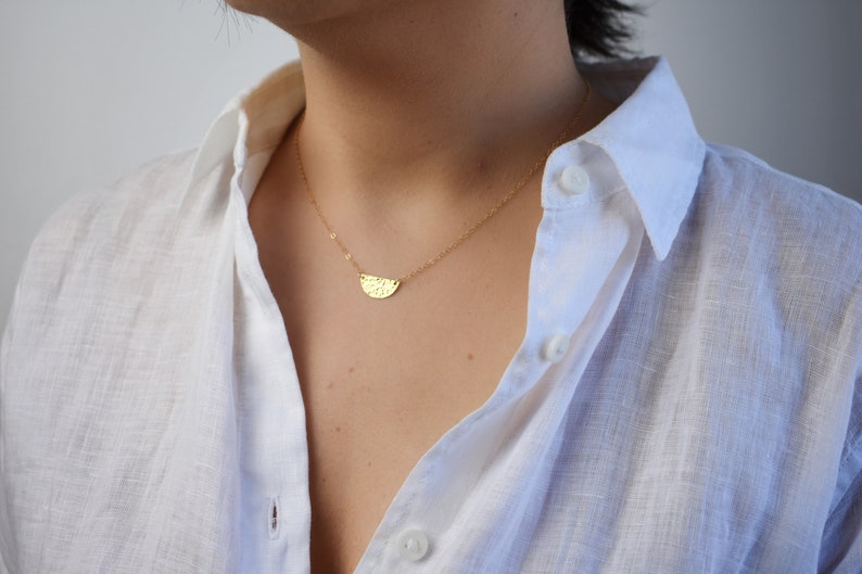 Half Disc Necklace, Half Moon Necklace, Semi Circle Necklace, Hammered Dainty Gold Necklace, Celestial Jewelry, Simple Daughter Gift AD042 image 1