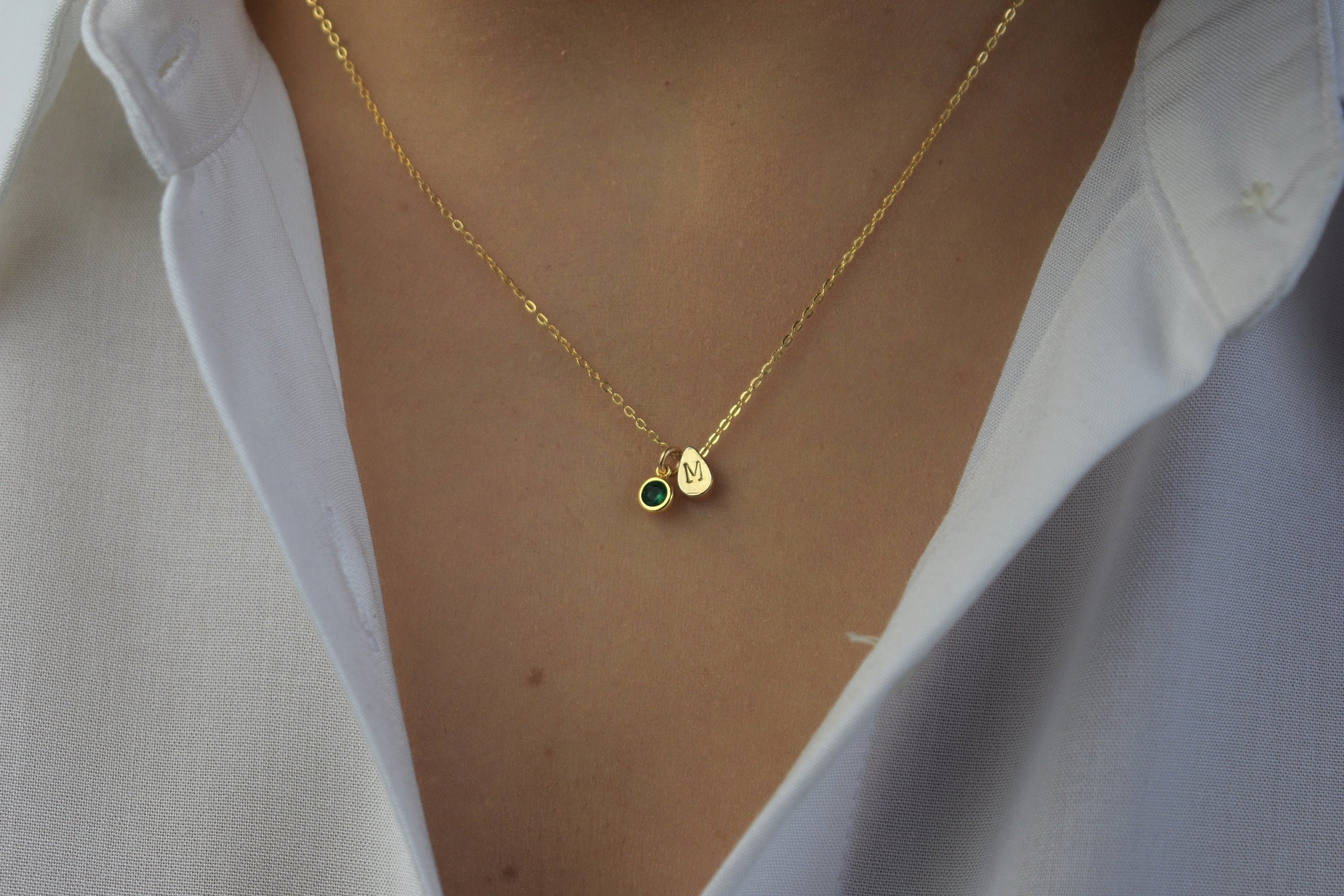 Initial Birthstone Necklace, Tear Drop Necklace, Dainty Gold Necklace…