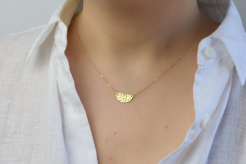 Half Disc Necklace, Half Moon Necklace, Semi Circle Necklace, Hammered Dainty Gold Necklace, Celestial Jewelry, Simple Daughter Gift AD042 image 2