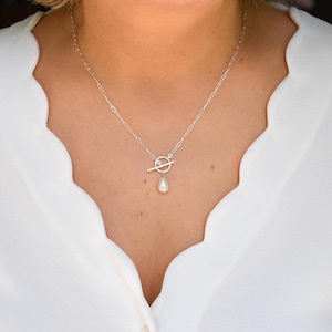 Sterling Silver Pearl Necklace on paperclip chain with toggle closure, Layering Necklace, Bridesmaids Choker Necklace, Gift for Her AD281