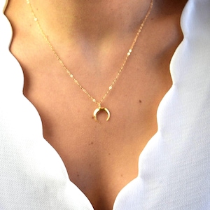 14k Gold Filled Crescent Moon Necklace, Upside Down Moon Pendant in Sterling Silver, Boho Horn Celestial Jewelry, Daughter Necklaces AD053