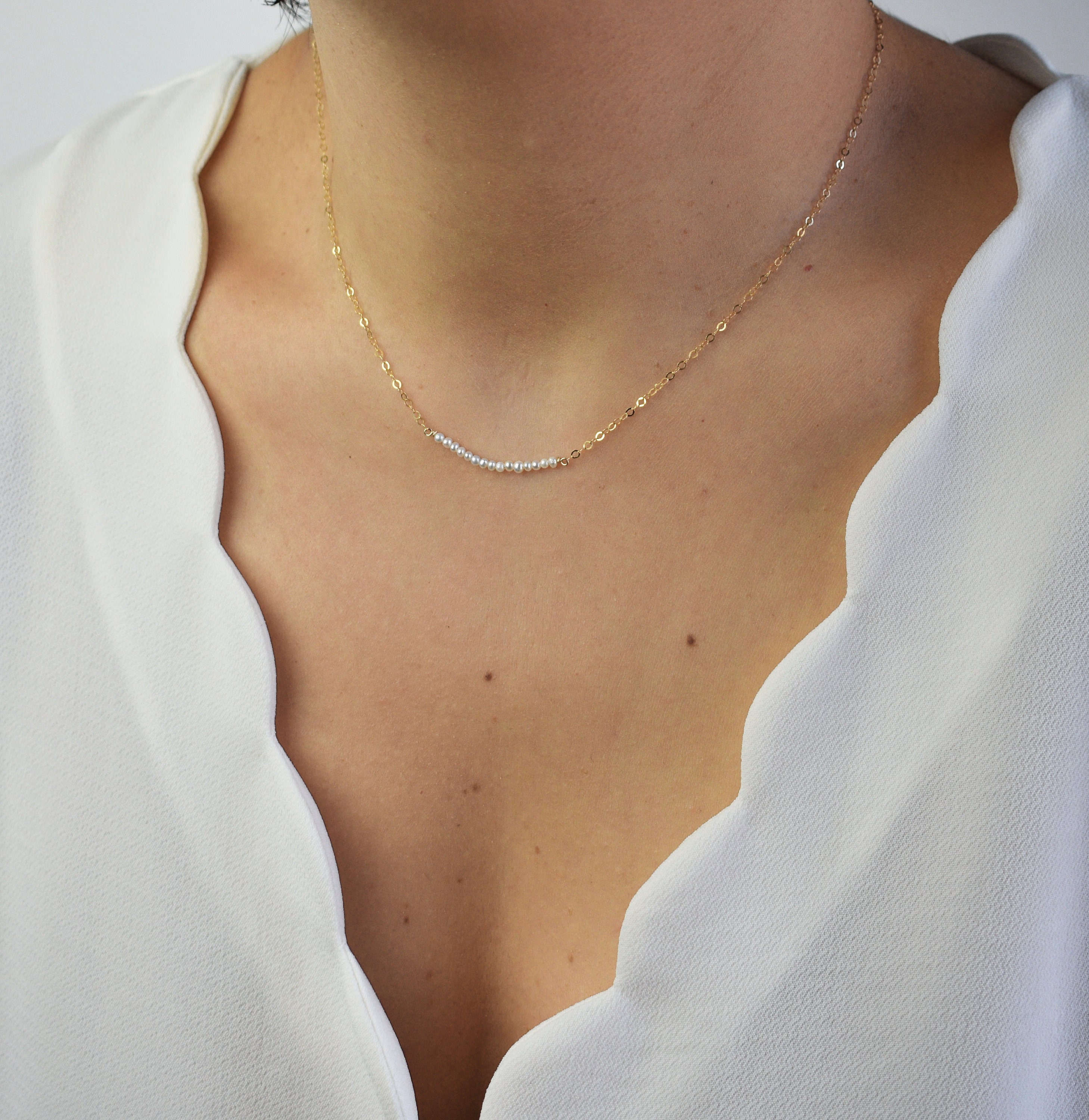 14k Gold Filled Pearl Bar Necklace for Bridal Party on Wedding Day, Simple Tiny Pearls Necklaces, Sterling Silver Bridesmaids Gifts AD092