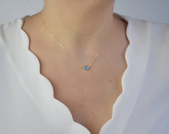 Evil Eye Necklace, Dainty Disc Necklace, Blue Dot Necklace, Dainty Gold Necklace, Simple Gold Necklace, College Student Gift, BFF Gift AD227