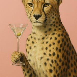マティーニを片手にチーターが描かれたウォールアート – プレッピーなバーカートの印刷物、ピンクの動物アートをダウンロード