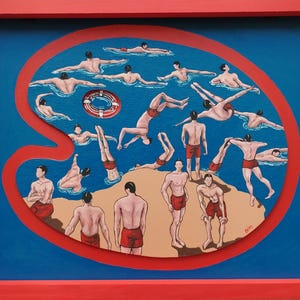 Dipinto acrilico originale, opera d&#39;arte figurativa con cornice raffigurante un paesaggio marino, dipinto nautico, figure umane, mare, dipinto moderno, arte astratta, nudi