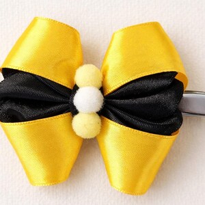 Handmade Bee Hair Bow, Yellow Black Satin Ribbon, Pom Pom Spring Accessory
