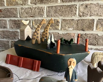 Hand Carved Wooden Noah's Ark Toy Set with Animals | 1994 Folk Art Nursery Decor