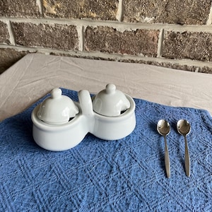 Vintage White Ceramic Double Salt Cellar w Lid & KLM Spoons | Farmhouse Sugar Bowl Honey Pot Jam Server
