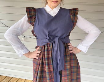Reversible Plaid Pinafore Dress | Cottagecore Prairie Midi, Pockets (One of One)