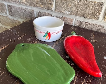 Chili Pepper Ceramic Kitchen Set | Spoon Rest, Wall Dish & Ramekin | Farmhouse Kitchen Decor