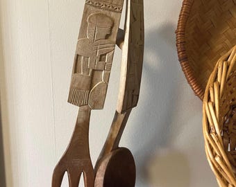 Vintage Hand Carved Wood Salad Servers | Egyptian Figural Spoon Fork 12” Boho Kitchen Decor