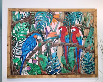 Beneath the Canopy | Original Macaw Painting | Tropical Statement Wall Art | Commercial Space, Hand-Painted & Framed Acrylic Artwork, Beach