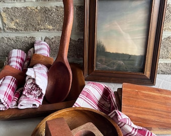 Vintage Farmhouse Kitchen Bundle | Wood Bowls, Gingham Napkins, Coasters, Spoon