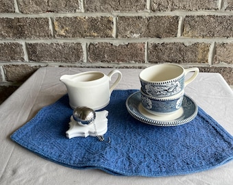 Currier & Ives Blue White Tea Set | Vintage Teacups, Saucers, Creamer, Infuser, Tiles, Towel