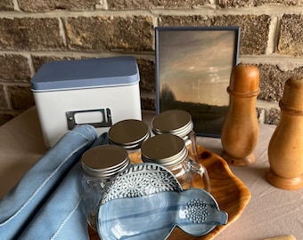 Vintage Blue Kitchen Bundle | Recipe Box, Mason Jar Mugs, Wood Tray, Garlic Crusher
