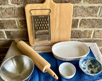 Vintage Baking Set | Rustic Kitchen Tools, Wood Rolling Pin, Grater, Bowls