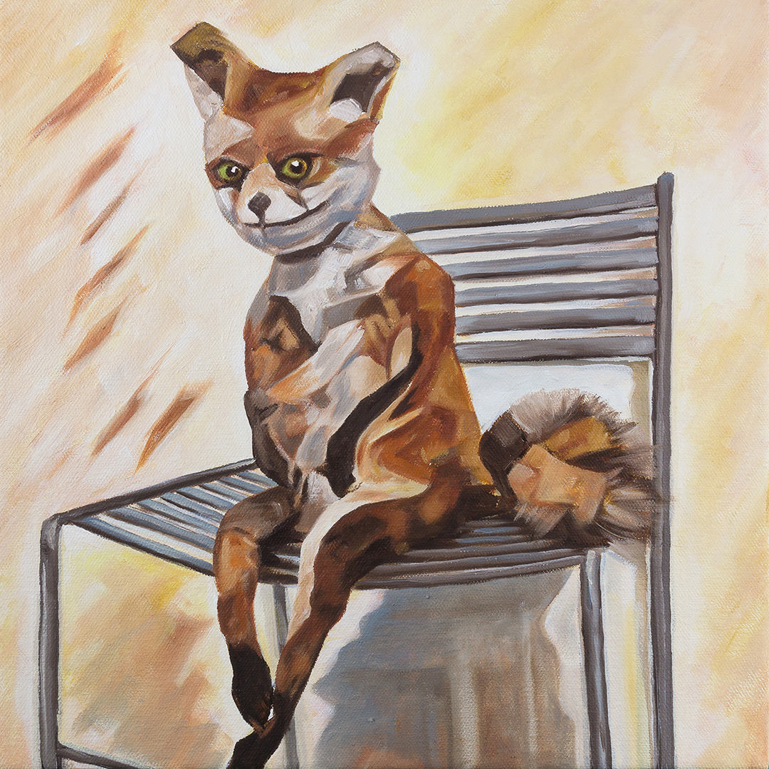 Bad Taxidermy Fox Original Framed Oil on Canvas 12in X 12in X 1 3/8in