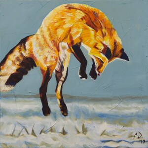 May include: A painting of a red fox leaping in the air with its front paws extended. The fox is against a light blue background with a white snowy surface below.