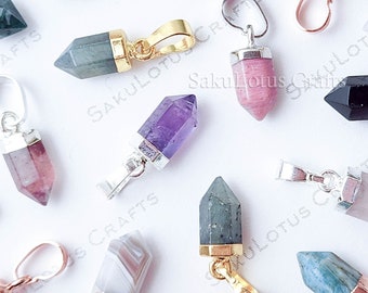NEW STONES+UPGRADED Small Natural Crystal Point Pendant Gold Rose Silver Plated Petite Stone Charm Semi-Precious Gemstones Quartz Diy