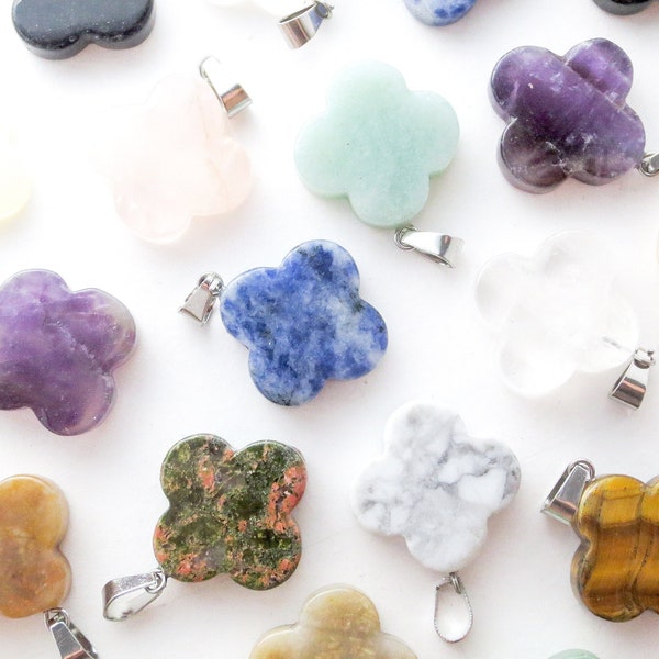 NEW' BUNDLES 20mm Natural Stone Clover Crystal Pendant Silver Charms Semi-Precious Gemstones Jewelry Making Supplies Quartz Chalcedony Motif