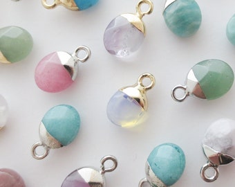 NEW BUNDLES 10mm Tiny Natural Crystal Faceted Oval Pendant Gold Silver Plated Petite Nugget Charms Semi-Precious Gemstones Quartz Agate DIY