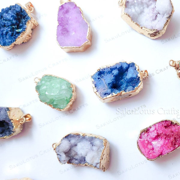 PROMO! NEW 30-35mm Natural Raw Colored Druzy Pendant Electroplated Gold Edge Free Form Irregular Geode Crystal Charm Jewelry Supplies Diy