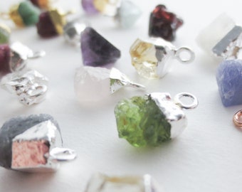 BUNDLES' 12-13mm Tiny Natural Raw Nugget Crystal Gemstone Pendant Charm 925 Sterling Silver 18k Gold Rose Vermeil Emerald Aquamarine Diamond