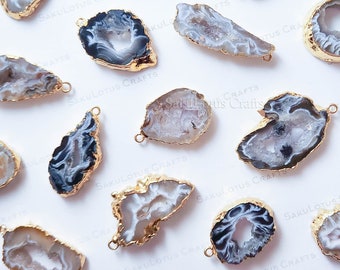 PRE-ORDER Natural Raw Sliced Druzy Agate Pendant Electroplated Gold Edge Free Form Geode Crystal Charm Wholesale Jewelry Making Supplies Diy