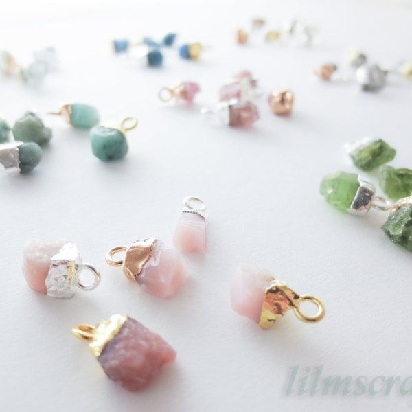 RESTOCK 10-11mm Tiny Natural Raw Rough Free Form Nugget Gemstone Pendant 925 Sterling Silver 18k Rose Gold Vermeil Emerald Aquamarine Bundle