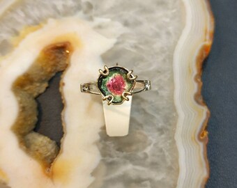 Wassermelonen Turmalin Ring, Silber und Gold Ring, zarter Ring, moderner Ring