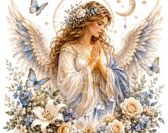 Celestial Guardian Angel PNG Bundle, Blue Gold Floral Sublimation Designs (Digital Download)