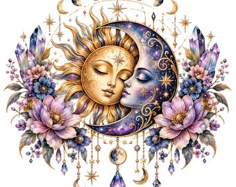 Celestial Sun Moon PNG, Boho Spiritual Sublimation Design (Digital Download)
