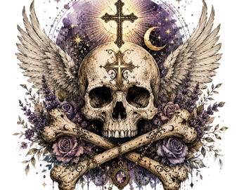 Gothic Spiritual Skull PNG, Angel Wings, Cross, Celestial Design (Digital Download)