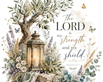 Trust in the Lord Floral Watercolor PNG, Psalm 28:7 Bible Verse Design (Digital Download)