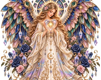 Premium Stained Glass Angel PNG, Celestial Guardian, Gothic Spiritual Design (Digital Download)