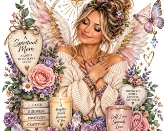Spiritual Mom PNG, Angel Wings Sublimation, Mother Gift Design, Crystal Floral PNG, Inspirational Mom Clipart