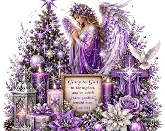 Purple Christmas Angel PNG, Christian Christmas Sublimation, Luke 2:14 Faith Design, Spiritual Holiday